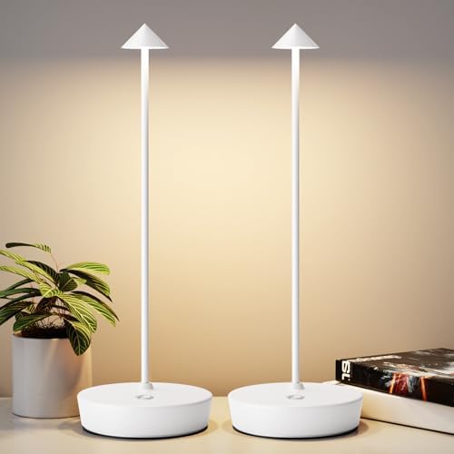 2Pack Rechargeable Cordless Table Lamp, Portable Powered LED Battery 6000mAh Metal USB Desk Lamp, 3 Levels Brightness Light for Restaurants Outdoor (2pack White)