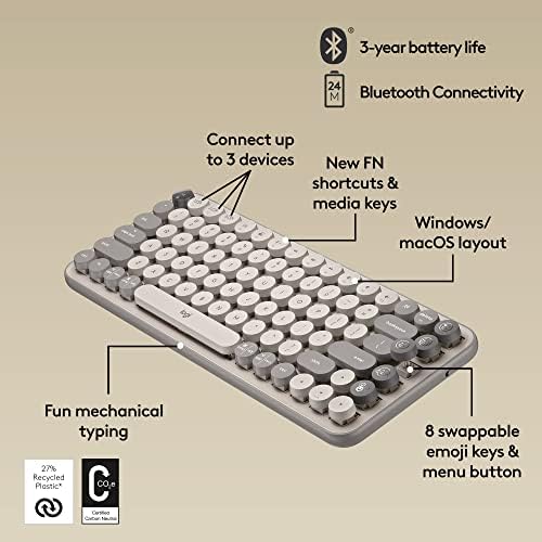 Logitech POP Keys + POP Mouse - Wireless Keyboard and Bluetooth Mouse Combo with Typewriter-Style Mechanical Keys, Emoji Features, Cute Compact Design - Mist