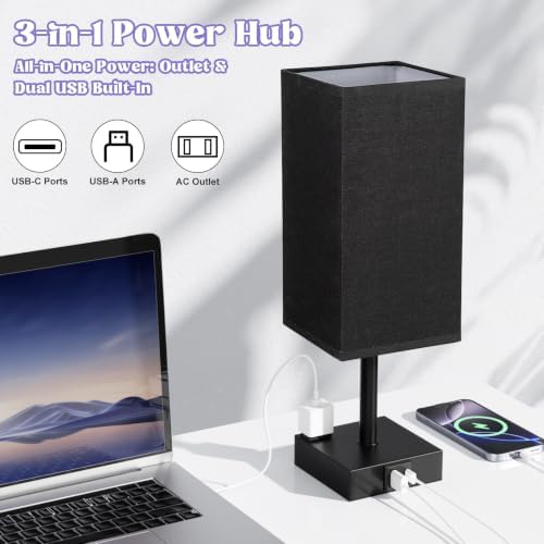Black Bedside Table Lamp for Bedroom - Dimmable Touch, USB C+A, AC Outlet