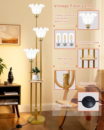 3-Flower Floor Lamp with Table Dimmable Gold Floral Floor Lamps