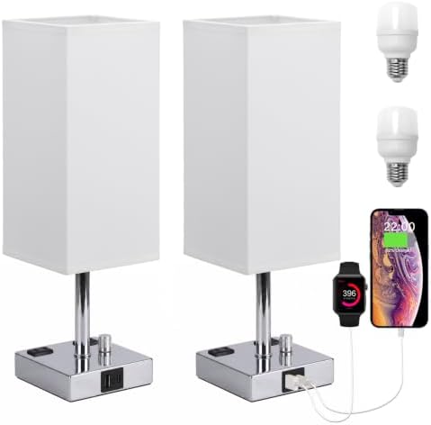 Silver Bedside Table Lamps Set of 2 - Dimmable, USB C+A, 2 AC Outlets