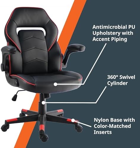 NuSparc SpawnSafe Gaming Chair, Adjustable Height, Flip-up Armrests, 360° Swivel, Black/Red