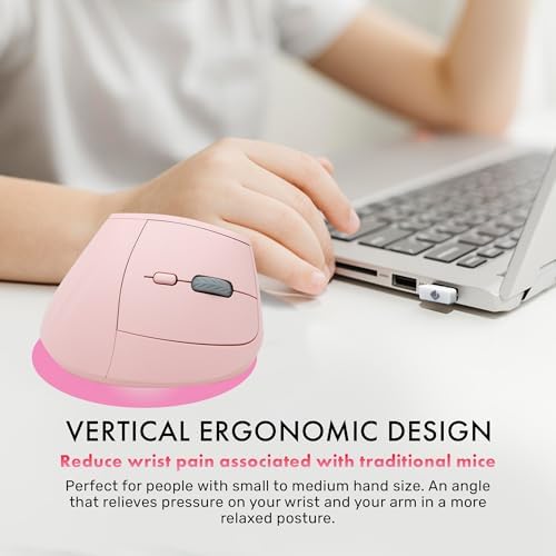 J-Tech Digital Wireless Mouse, Vertical Ergonomic Mouse with 2.4G Wireless & Bluetooth for 3 Multi-Device Function, Adjustable DPI Modes, Compatible with PC, Mac, Laptop - Pink