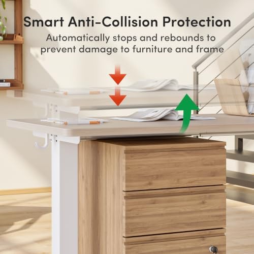 FEZIBO 63" x 55"L Shaped Standing Desk Adjustable Height, Electric Stand up Corner Computer Desk, Sit Stand Home Office Desk with Splice Board, Light Walnut Top/White Frame