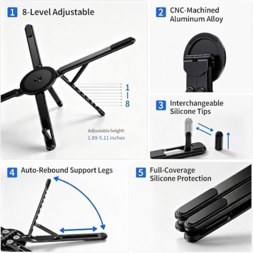 3-in-1 Laptop Stand with Magnetic Phone Holder, 8-Level Adjustable Ergonomic Aluminum Riser, Portable Computer Stand for Desk, Compatible with 10-17" MacBook & Laptops, iPhone 12-16 with MagSafe
