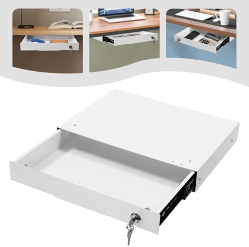 14'' Under Desk Mounted Sliding Pull-out Drawer, Drawer Storage Organizer Pull-out Drawer with Lock Space-Saving, for Office Desk, Pull Handle, Storage Organizer for Sit Stand Workstation, White