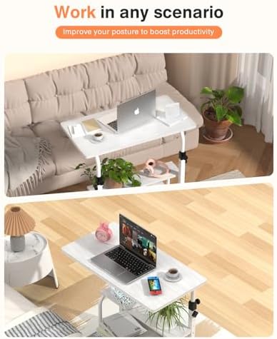 QZMDSM Portable Desk with Wheels Small Standing Desk on Wheels Adjustable Height Rolling Desks for Small Spaces, 32" Computer Desks with Storage Shelves for Home Office Study White