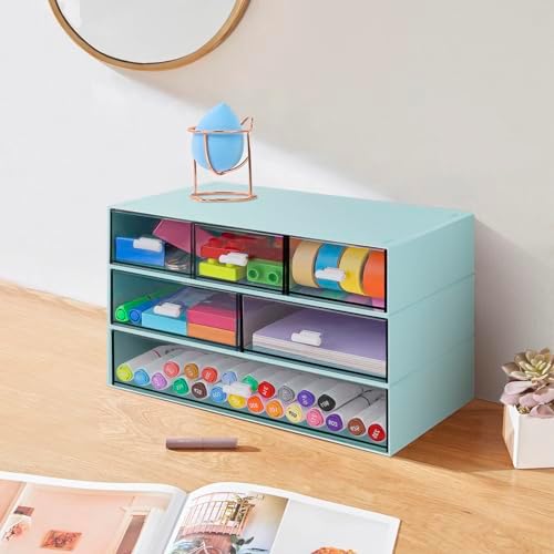 3 Tier Stackable Desk Organizer with 6 Drawers, YOCOMEY Plastic Desktop Storage Box Drawers, Detachable Makeup Storage Office Stationery Supplies Organizer for Office School(New Green)