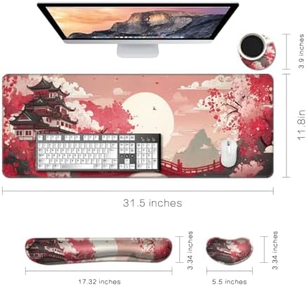 Desk Mat, Large Gaming Mouse Pad with Wrist Rest, 4 in1 XXL Mouse pad+Keyboard Wrist Rest+Mouse Pad Wrist Support+Cup Coaster Set, Ergonomic Desk Pad for Home Office, Japanese Sunrise