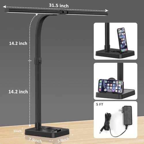 GAEFURY LED Desk Lamp for Home Office, 24W Bright Desk Lamp with Phone Holder Base - 25 Lighting Modes Eye-Caring Desk Light Adjustable Gooseneck Lamp for Workbench Drafting Reading Study