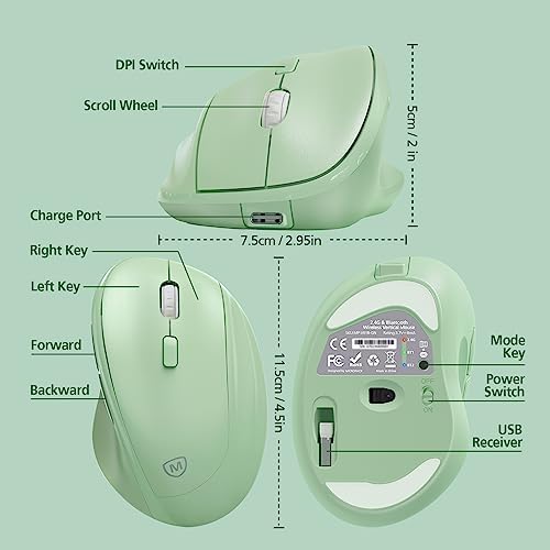 Micropack Ergonomic Vertical Wireless Bluetooth Mouse for Laptop MacBook PC Rechargeable Silent Click 3-Mode Multi-Device 2.4G Adjustable DPI Compatible with Windows Android iOS MacOS Green