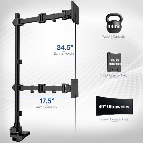 VIVO Dual Ultra-Wide Monitor Extra Tall Desk Mount for up to 49 inch Ultrawides, Clamp-on Adjustable Stand Holds 44 lbs per Screen, VESA up to 100x100mm, Black, STAND-V120T