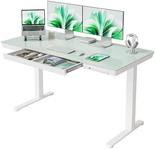 FEZIBO 55 Inch One-Piece Standing Desk with Glass Top and Drawer, White