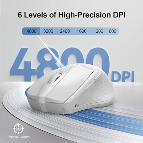 TECKNET Wireless Mouse, BT 5.0/2.4G, Silent 4800 DPI 6 Buttons, White