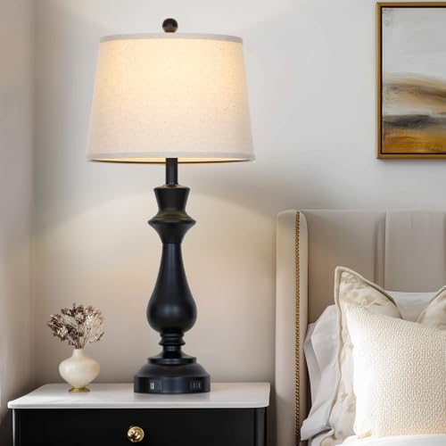Modern Black Table Lamp for Living Room,30" Tall Bedside Lamp with USB Charging Port,3-Way Dimmable Touch Nightstand Lamp for Bedroom Desk Side Table Office,Black-1P