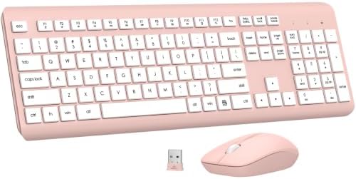 Wireless Keyboard and Mouse Combo, Full-Size Silent Ergonomic Keyboard and Optical Mouse, Long Battery Life, 2.4G Lag-Free Mice Keyboard for Computer, Mac, Laptop, PC, Windows(White Pink)