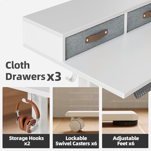Claiks Dual Motor L Shaped Standing Desk with Drawers, 63inch, White