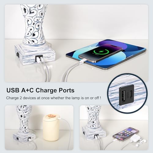 3-Way Dimmable Table Lamp with 2 USB Charging Ports, Washed Blue Finish