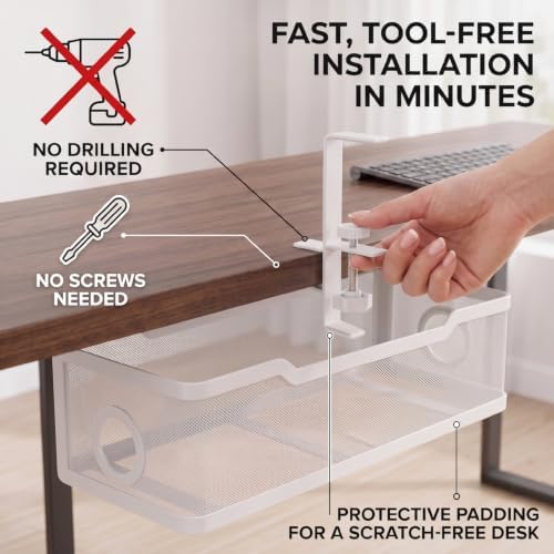 Under Desk Cable Management Tray, No Drill Cable Organizer for Desk, Metal Wire Management Basket with Clamp Mount, Cord Organizer Holder for Standing Desk, Home Office and Gaming Setup