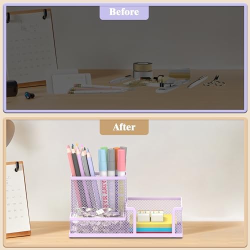 SUPEASY Mesh Pen Holder Desk Organizer, Office Supplies Pencil Storage with 3 Compartments, Office Desk Accessories and Workspace Organizers for Home School Classroom, Purple