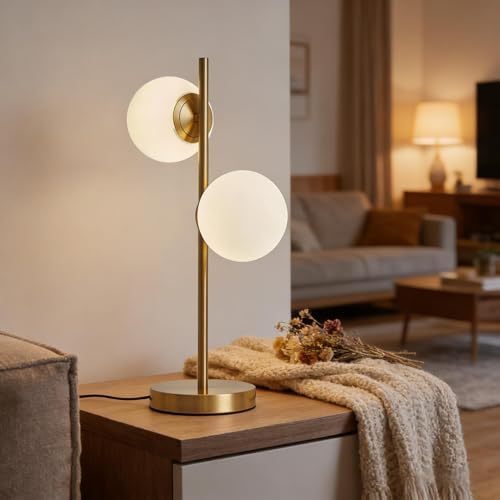 Mid Century Modern Table Lamp, Gold Globe Nightstand Light with 2 LED Bulbs Included, Contemporary Bedside Lamp for Bedroom Living Room Study Decor
