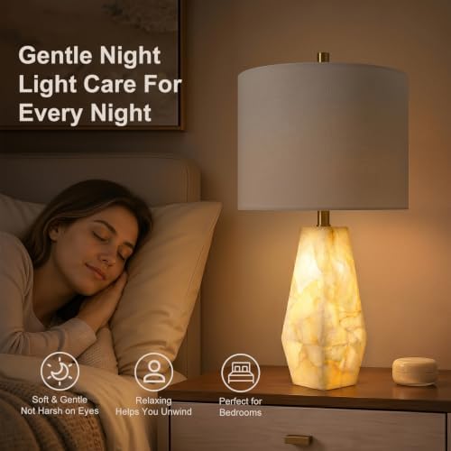 Scenekoy Alabaster Table Lamps Set of 2, Modern Desk lamp with Night Light