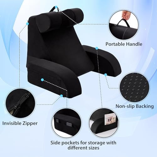 21" Reading Pillow for Bed with Back Support & Big Pockets, Black