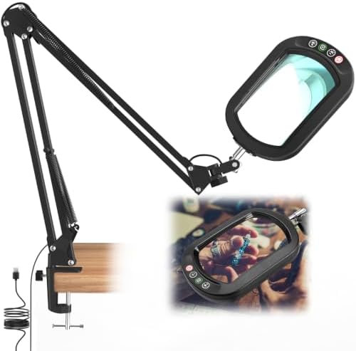 IVMAIE 12X Large Magnifying Glass with Light, Real Glass, 5 Color Modes Stepless Dimmable Magnifier with Stand, LED Lighted Clamp Desk Lamp with Swing Arm, Hands Free for Reading Crafts Close Work