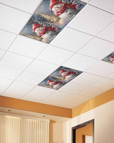 Red Snowman Magnetic Fluorescent Light Covers for Ceiling Lights 2 x 4 Feet,Christmas Tree Rustic Forest Painting Office Classroom Kitchen Drop Ceiling Light Covers Filters Shade Panel 2 Packs