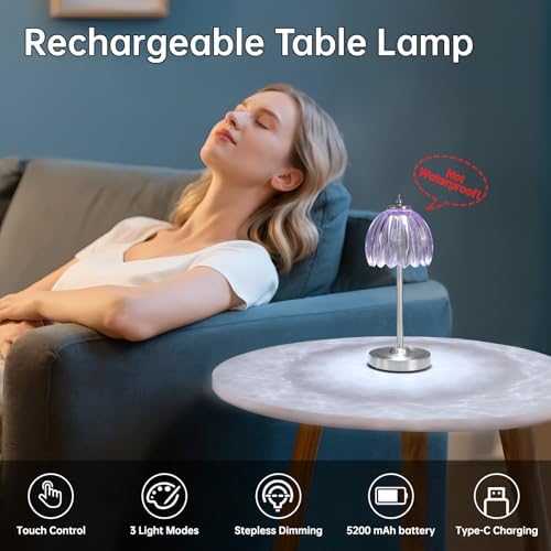 Shenmoyl Tulip Table Lamp with 5200mAh Battery & Touch Control, Cordless Small Table Lamp with 3 Colors, Dimmable Rechargeable Table Lamps for Living Room, Bedroom, Desk, Bedside (Clear Purple Tulip)