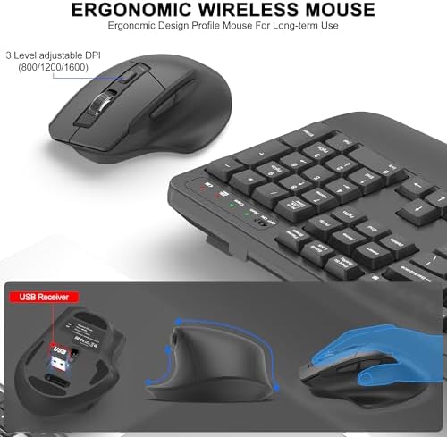 Wireless Keyboard and Mouse Combo, 2.4G Ergonomic Wave Keys(Graphite)