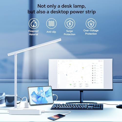 LAOPAO Desk Lamp with USB Charging Port: Power Strip with Surge Protection - 1 Type-C, 1 USB-A Charging Port, 2 AC Power Outlets, Desk Lamps for Home Office College Dorm Room Essentials