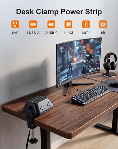 Desk Clamp Power Strip, 6 AC, 2 USB-C & 2 USB-A, 1440J, 6FT Cord