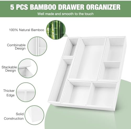 Bamboo Drawer Organizer,5 PCS White Bathroom Tray&Desk Organizers and Storage,Cabinet Divider With Removable Silverware Organization for Kitchen,Utensils,Junk,Office,Makeup