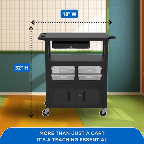 A-to-Z 289-ECMBSKBC-B Luxor 32" x 18" Deluxe Teacher Cart – Locking Cabinet, Storage Bins, Retractable Keyboard Tray, Pocket Chart Hooks, Cup Holder, Ergonomic Handle, Mobile Design, 4" Casters