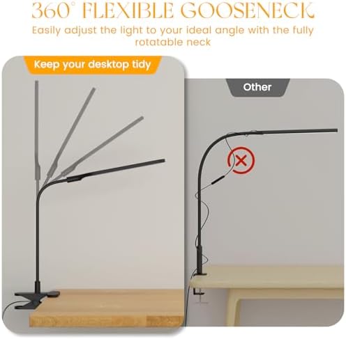 LED Clip on Light, 3 Color Modes & 10 Brightness Levels, 360° Flexible Gooseneck Clamp Lamp, Ultra Wide Brightness Range, USB Eye-Caring Table Light for Home Office/Reading/Painting, Black