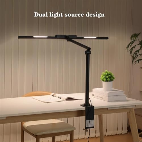 Eye-care Study Lamp, LED Desk Lamp with Clamp, Double Head Eye Protection Desk Lamp with Auto Shut-Off Timer, 5 Color Modes & Stepless Dimming, for Reading Study Workbench ,LED Table Lamp(Black)