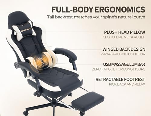 Office Desk Computer Gaming Chair for Adults, Ergonomic High Back Gamer Chair with Massage and Pocket Spring Cushion, Swivel Comfy Video Game Chairs with Footrest and Lumbar Support (Black White)