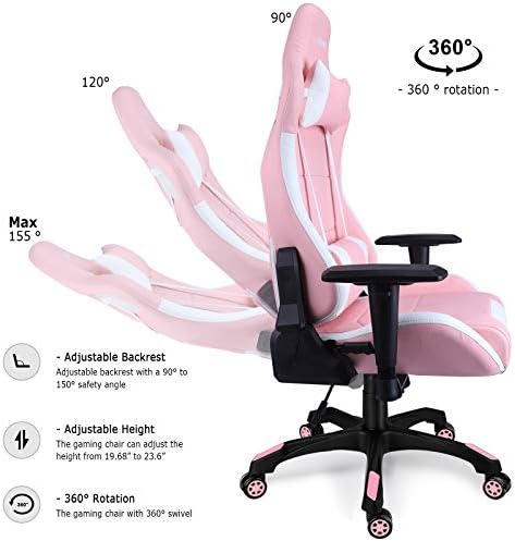 Leopard Gaming Chair, High Back PU Leather Office Chair, Adjustable Video Gaming Chairs, Swivel Racing Chair with Adjustable Armrest (White/Pink)