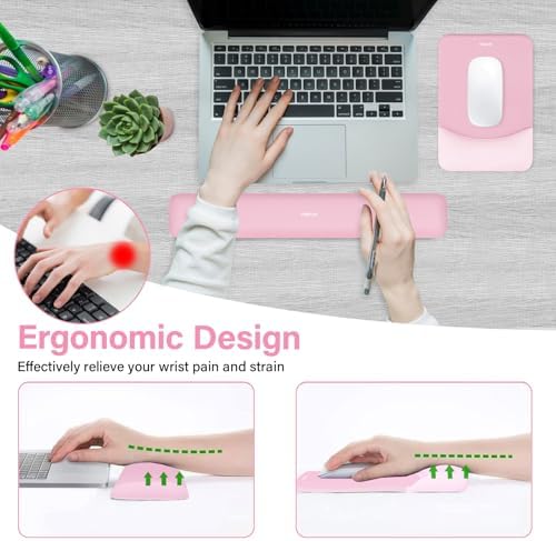 MOSISO Wrist Rest Support Mouse Pad & Keyboard Set, Pink