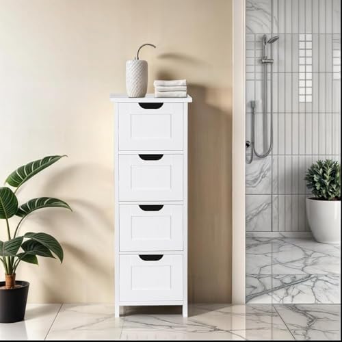 Bathroom Floor Storage Cabinet, Freestanding Wooden Side Organizer w/4 Drawers & Anti-Tip Kit for Bathroom Living Room Hallway Office Study, White