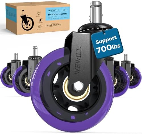 WEWILL Office Chair Wheels - Rubber Casters Replacement Universal Fit 98% Chair(Set of 5) Heavy Duty 3 Inch Smoothly & Quietly Safe for All Floor, Hardwood, Tile, Carpet, Noise Free - Purple