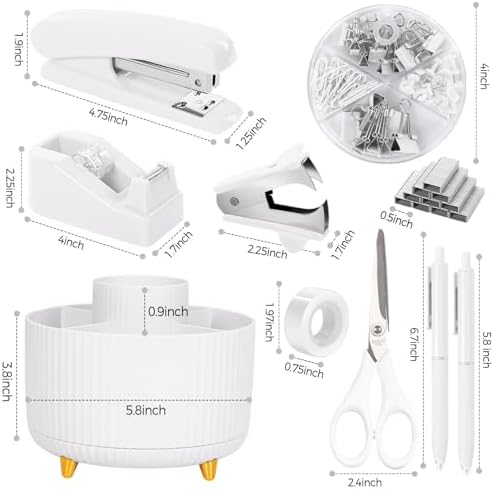 SKYDUE White Office Supplies Set, Office Desk Accessories 10PCS, Pencil Holder for Desk, Stapler, Tape Dispenser, Scissors, Ruler, Binder/Paper Clips and 1000pcs Staples,Desk Supplies Set