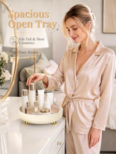 360 Rotating Makeup Organizer - Perfume Vanity Skincare Tray Beige