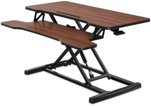 FITUEYES Height Adjustable Standing Desk 36” Wide Sit to Stand Converter Stand Up Desk Tabletop Workstation for Laptops Dual Monitor Riser Brown SD309102WE