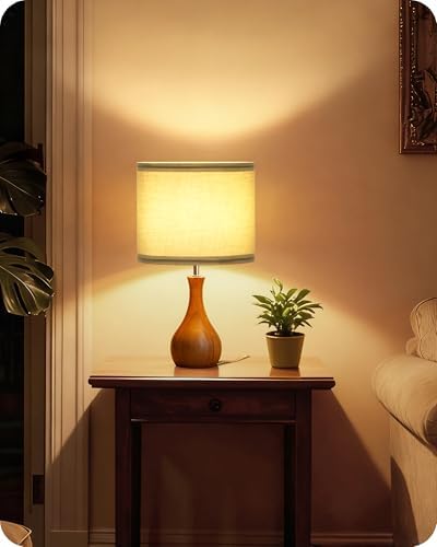 Green Table Lamp, 14.2" Small Bedside Lamp, Wood Table Lamp with Green Linen Lampshade & Dark Wood Base, Modern Nightstand Lamp for Bedroom, E26 Base, Bulb Not Included, LJ09TL05