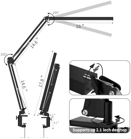 LED Desk Lamp, Manicure Table Lamp, Eye-Caring Drafting Light, Dimmable Office Table Lamp with 3 Color Modes, 10 Brightness Levels & Adapter, Memory Function(Black)