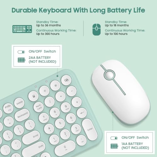 Wireless Keyboard and Mouse Combo,XTREMTEC 2.4GHz Quiet Slim Cute Round Keycap Compact Size Green Kawaii Cordless Retro Keyboard Mouse Set Home Office Accessories for Mac/Windows(Macaron Green)