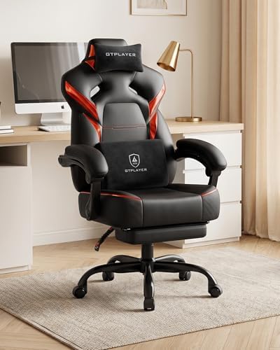 GTPLAYER Big and Tall Gaming Chair for Adults, Ergonomic Office Chair with Footrest, Heavy Duty 350 lbs Capacity, High Back, Premium Leather & Iridescent Trim, ACE-Armor, Red