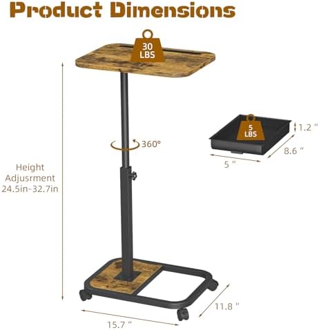 Adjustable Height TV Tray Table with Drawer, 360° Swivel C Shaped End Table, Rolling Couch Desk with Wheels, Side Tables for Living Room and Bedroom, Bed (Brown)